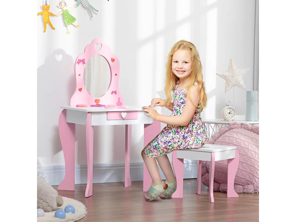 Coiffeuse Enfant Design Girly Motif Coeur - Tiroir, Miroir, Tabouret Inclus - MDF - Blanc Rose 2 Coiffeuse Enfant Design Girly Motif Coeur - Tiroir, Miroir, Tabouret Inclus - MDF - Blanc Rose – Image 2