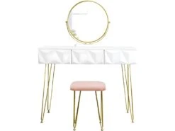 Coiffeuse Avec Tabouret Et Miroir Pivotant Moderne 100 Cm Rond Blanc Doré 19_0000184