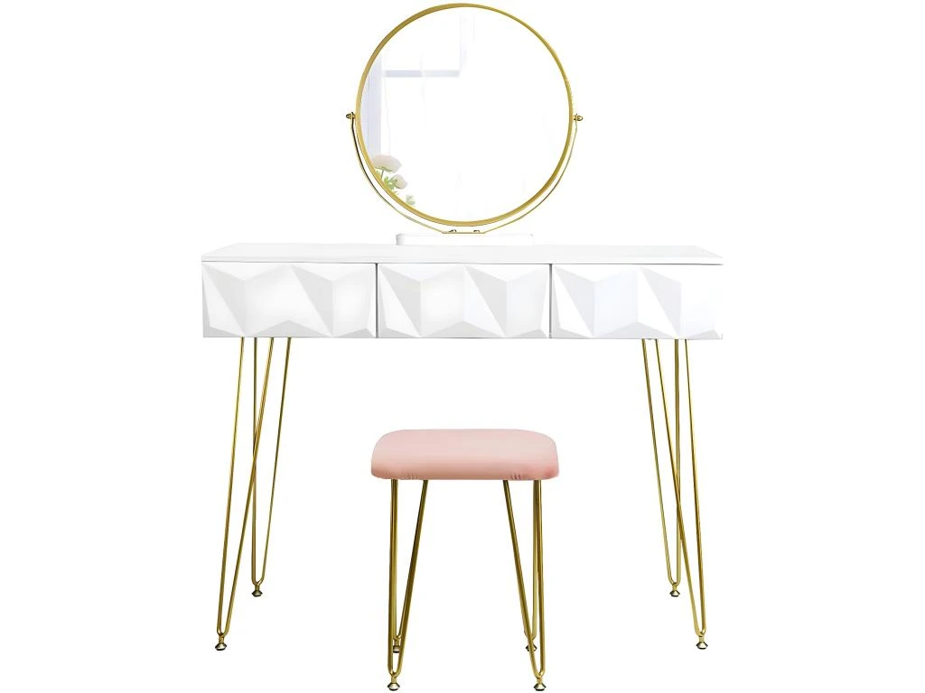 Coiffeuse Avec Tabouret Et Miroir Pivotant Moderne 100 Cm Rond Blanc Doré 19_0000184 1 Coiffeuse Avec Tabouret Et Miroir Pivotant Moderne 100 Cm Rond Blanc Doré 19_0000184