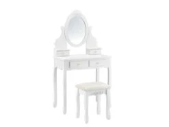 Coiffeuse Table De Maquillage Miroir 4 Tiroirs Tabouret MDF Et Bois 141 Cm Blanc 03_0001499