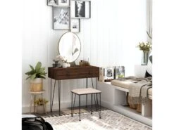 Coiffeuse Design - Miroir LED Intégré - 2 Tiroirs + 1 Organisateur - Tabouret Inclus - Métal Noir MDF Imitation Bois Noyer Foncé