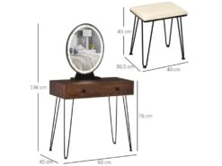 Coiffeuse Design - Miroir LED Intégré - 2 Tiroirs + 1 Organisateur - Tabouret Inclus - Métal Noir MDF Imitation Bois Noyer Foncé -Fren Soldes Boutique meuble coiffeuse 9419539