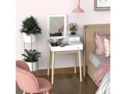 Coiffeuse Design Scandinave Table De Maquillage Multi-rangements Miroir Pliable 60L X 50l X 86H Cm Pin Et MDF Blanc