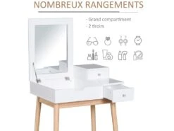 Coiffeuse Design Scandinave Table De Maquillage Multi-rangements Miroir Pliable 60L X 50l X 86H Cm Pin Et MDF Blanc -Fren Soldes Boutique meuble coiffeuse 9419565