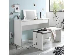 WATCHME - Coiffeuse Blanche 2 Tiroirs Avec Miroir + Banc -Fren Soldes Boutique meuble coiffeuse 9868369