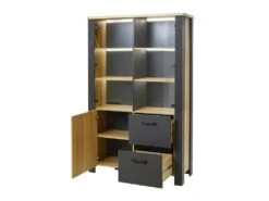 Vitrine 3 Portes 2 Tiroirs Chêne Naturel/Noir - ARTEMIS -Fren Soldes Boutique vitrine 17635967