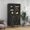 Vitrine Avec 2 Portes En Verre Et éclairage LED - Décorée De Rayures Dorées - Hauteur 180cm - Noir
