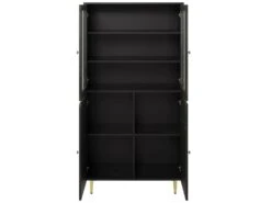 Vitrine Avec 2 Portes En Verre Et éclairage LED - Décorée De Rayures Dorées - Hauteur 180cm - Noir -Fren Soldes Boutique vitrine 21224067