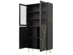 Vitrine Avec 2 Portes En Verre Et éclairage LED - Décorée De Rayures Dorées - Hauteur 180cm - Noir -Fren Soldes Boutique vitrine 21224073