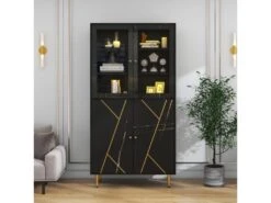 Vitrine Avec 2 Portes En Verre Et éclairage LED - Décorée De Rayures Dorées - Hauteur 180cm - Noir -Fren Soldes Boutique vitrine 21224081
