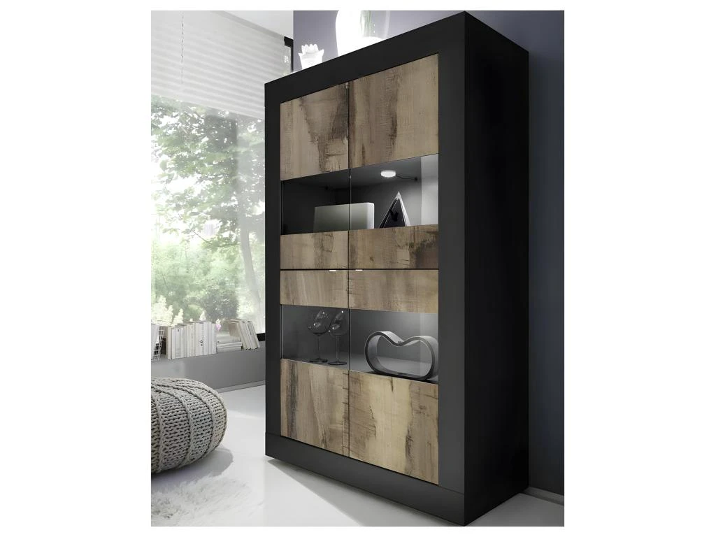 Vitrine 4 Portes Noir Mat/Bois Fumé à LEDS - MATERA 1 Vitrine 4 Portes Noir Mat/Bois Fumé à LEDS - MATERA